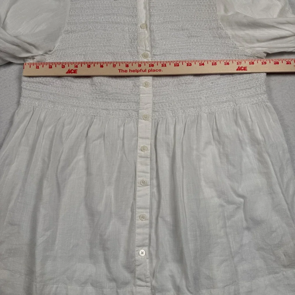 Anthropologie Maeve Smocked Tunic Buttondown Womens 1X White Puff Sleeve Shirt